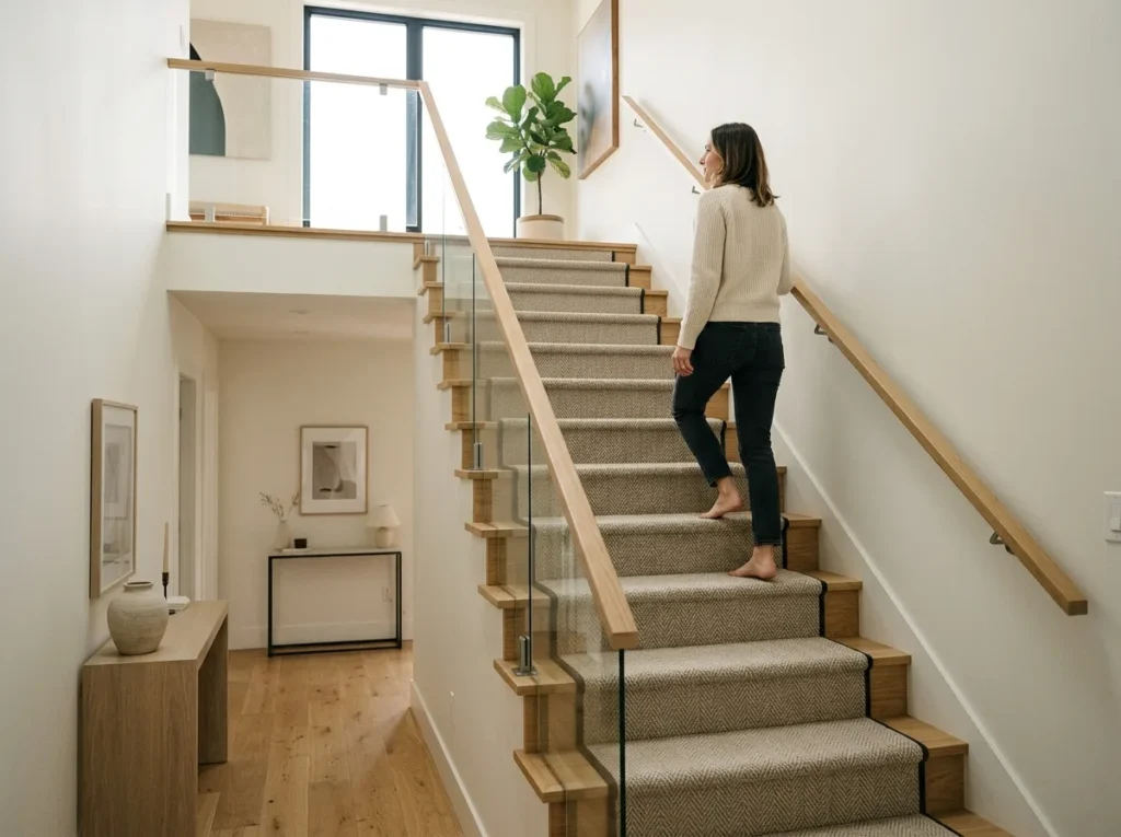 Elegant staircase decor with chic wall mirrors, soft lighting, and modern home styling inspiration.