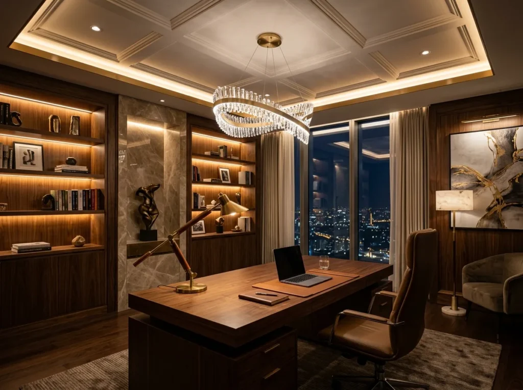 Modern home office lighting setup with warm LED desk lamp and minimal workspace decor
