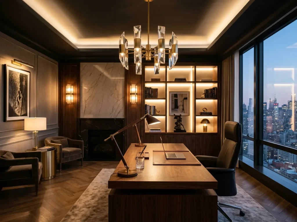 Elegant home office lighting with pendant light and soft ambient glow for focus work