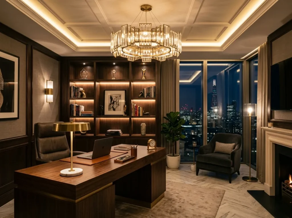 Small home office corner with space-saving LED desk light and modern shelves
