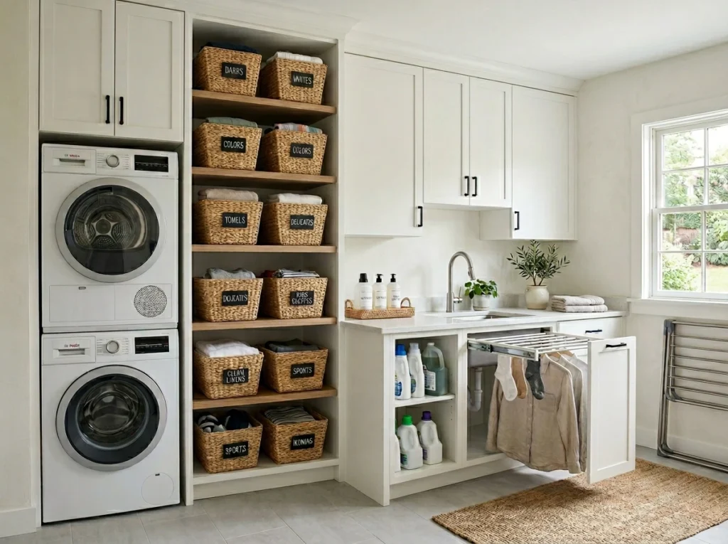 Organized modern laundry room with labeled baskets, categorized storage shelves, and clean minimal design promoting a clutter-free and efficient home space.