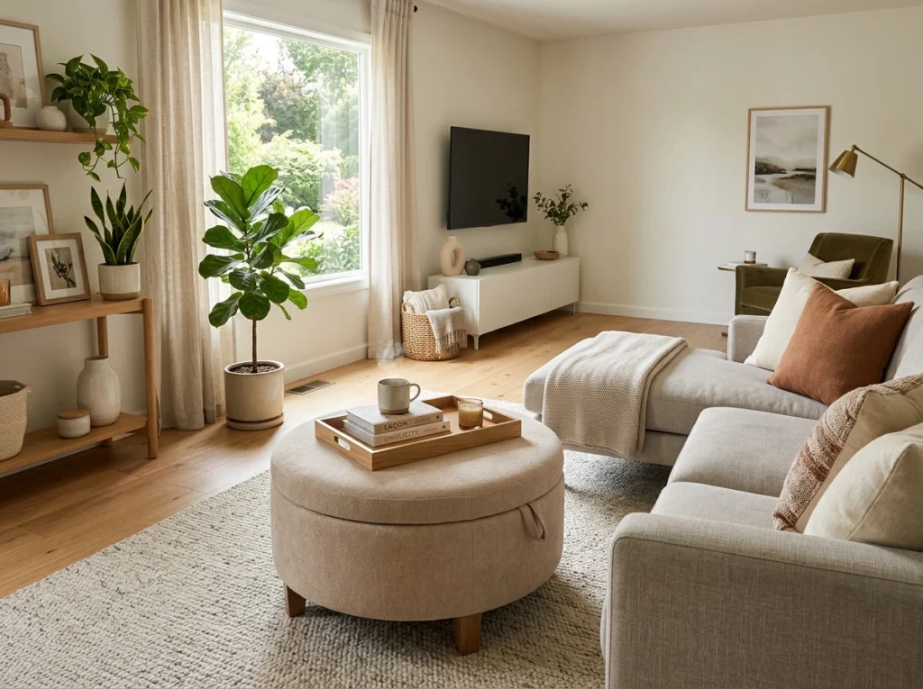 modern living room with multi-functional ottoman used as seating and coffee table