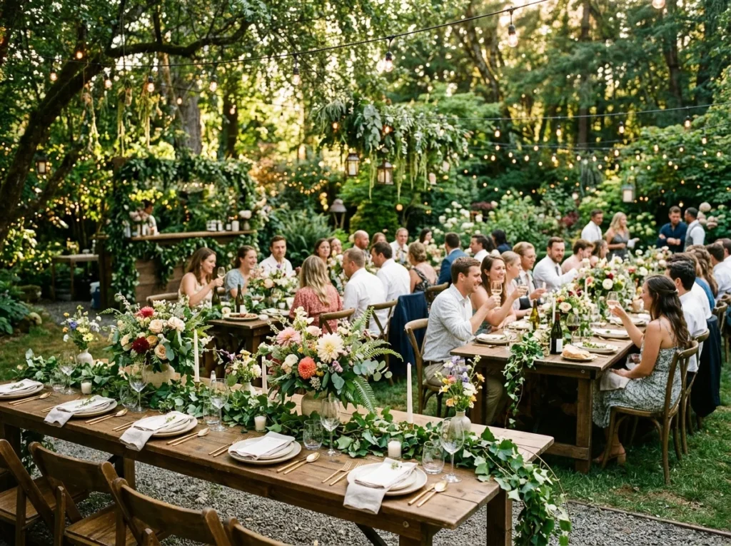 Cozy home garden wedding setup with rustic tables and natural floral centerpieces