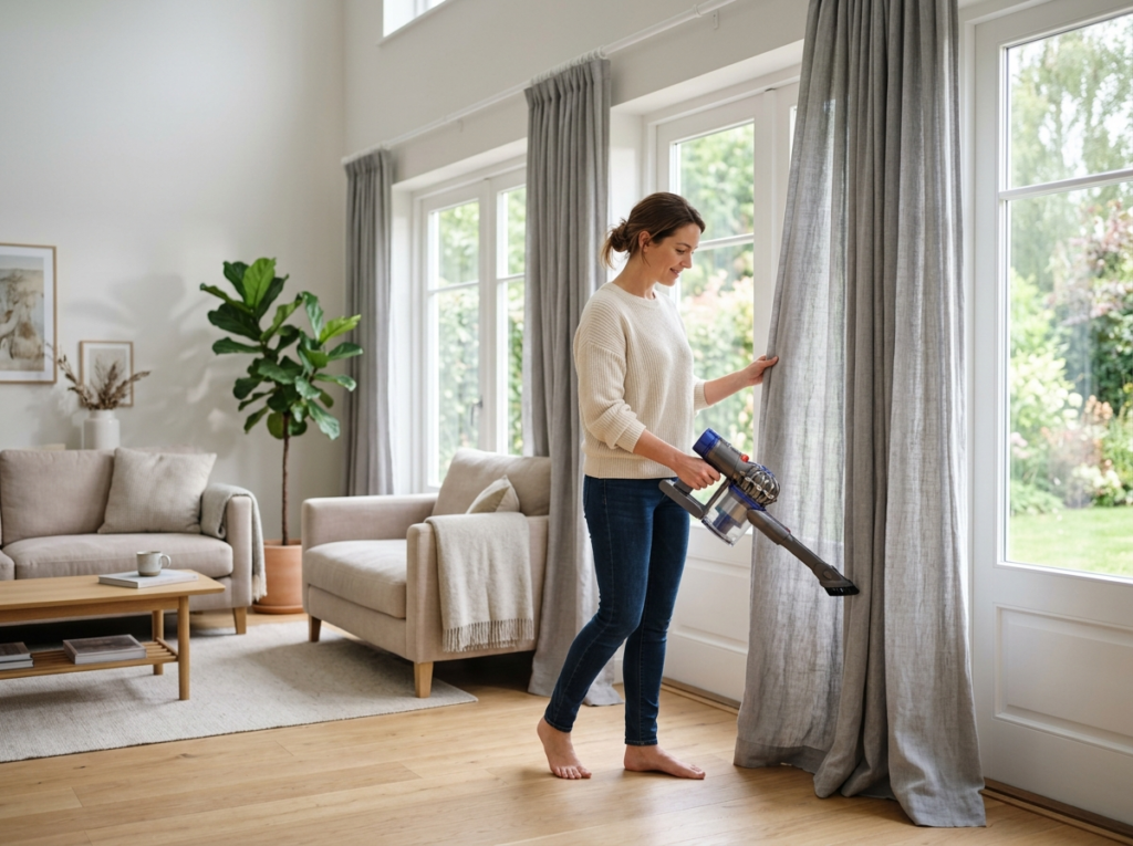 A person vacuuming long grey curtains in a bright room using a handheld attachment, showing simple curtain maintenance and window decor care.