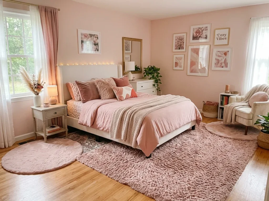 Soft pink passion rug adding warmth and texture to a stylish minimalist living room design