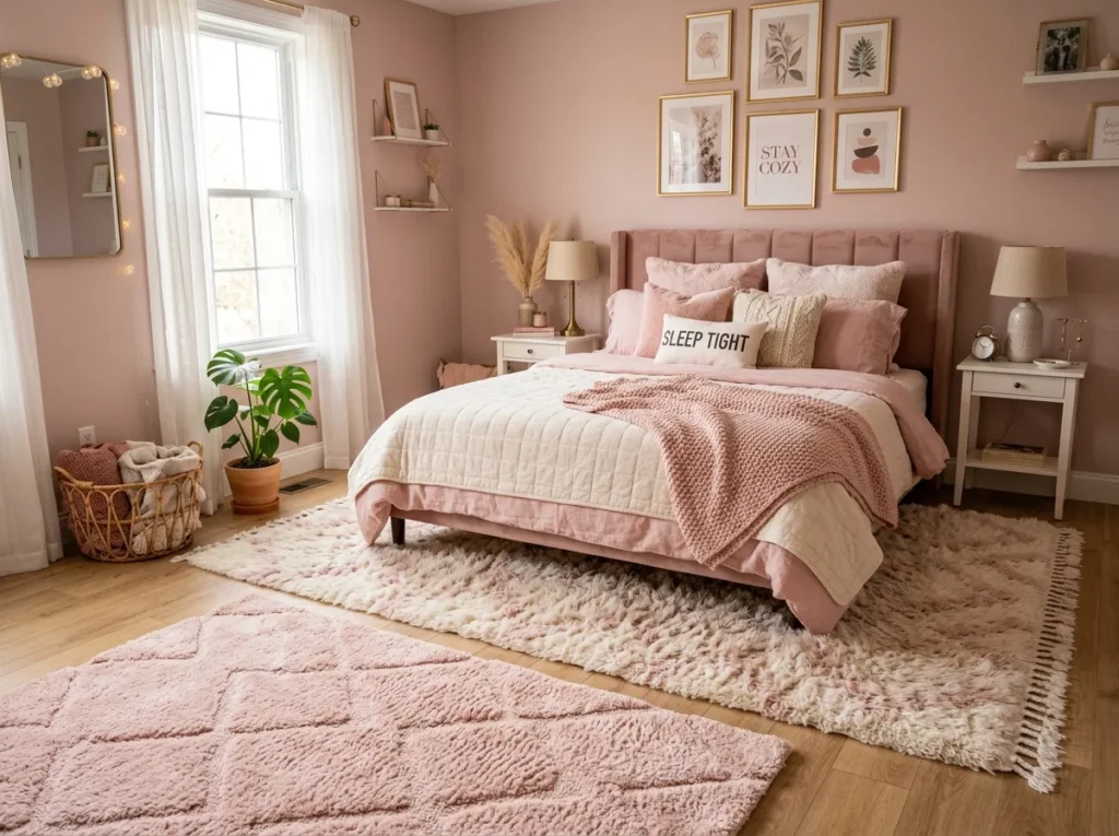 Elegant pink passion rug decorating a spacious home interior with blush accents and natural lighting