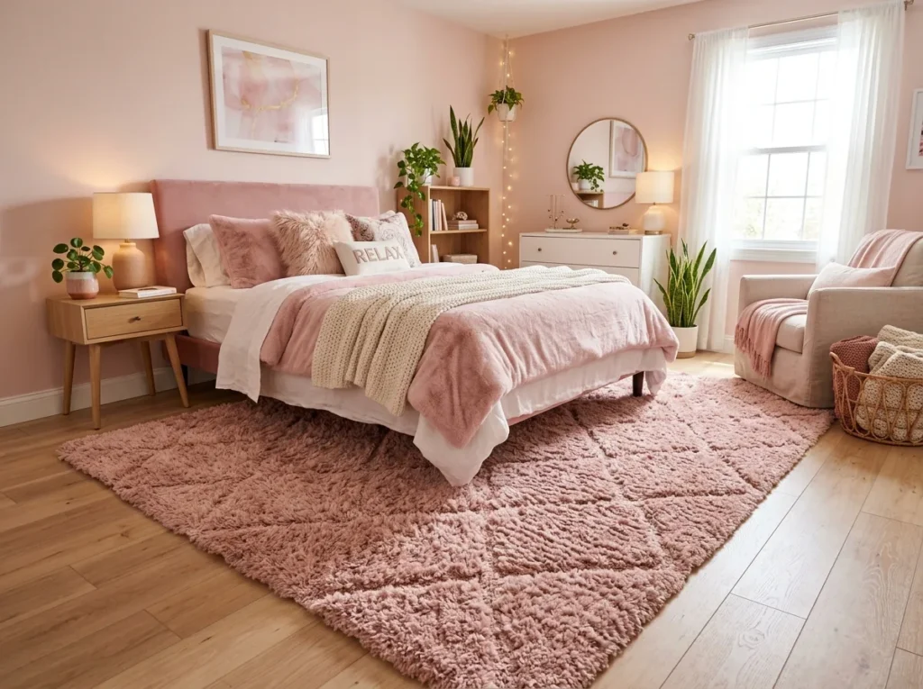 Stunning pink passion area rug placed in a bright 1650 sq ft family room with stylish neutral furniture
