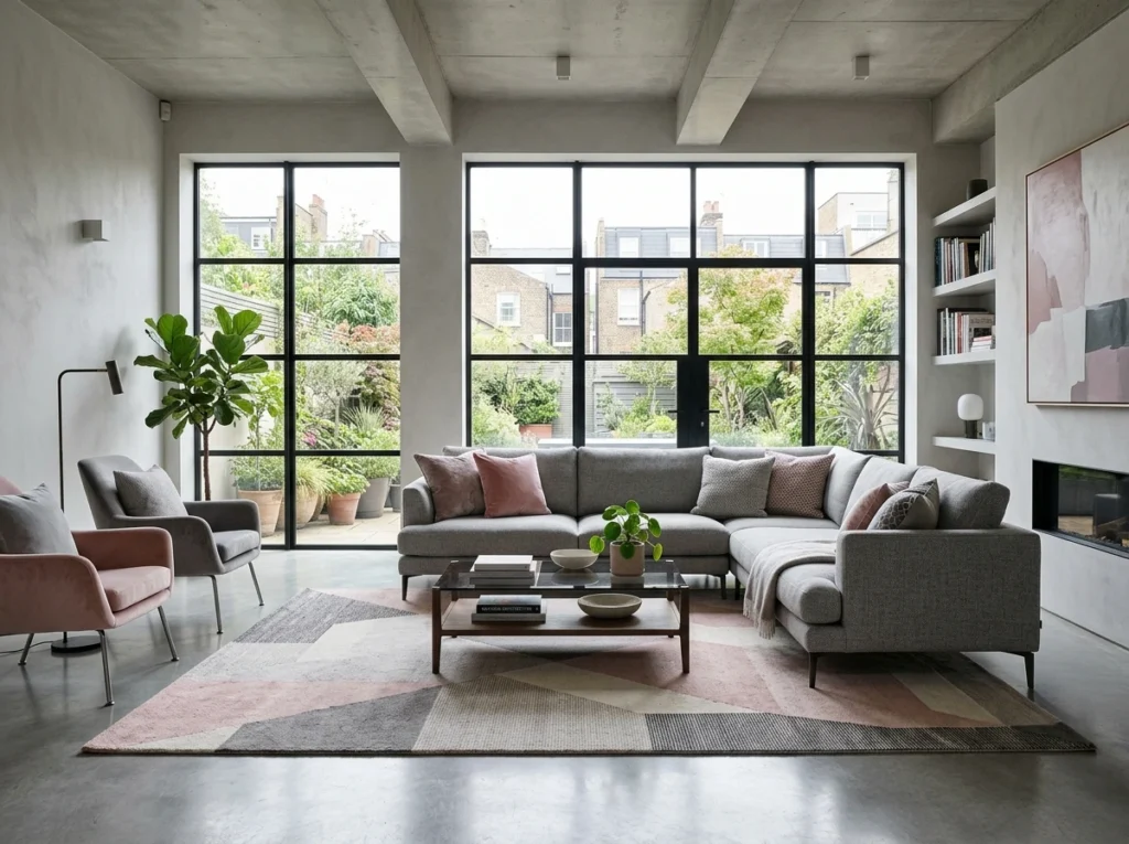 Contemporary living room with dual-tone rug and modern furniture setup