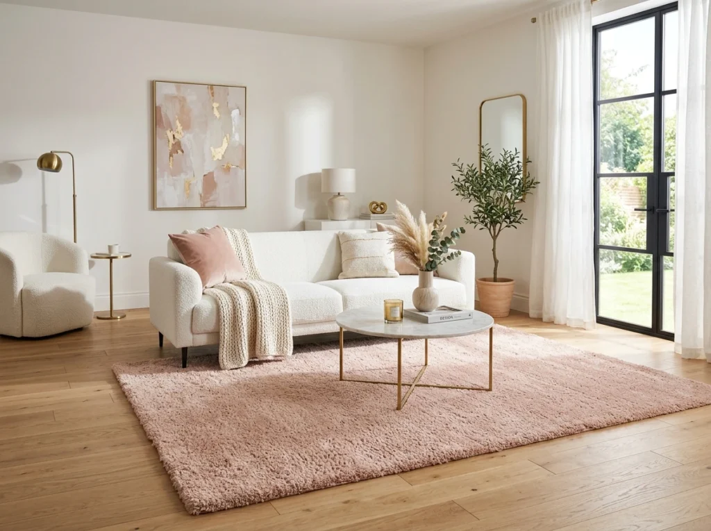 Pink Passion Rugs in a modern minimalist living room with blush pink cozy aesthetic decor