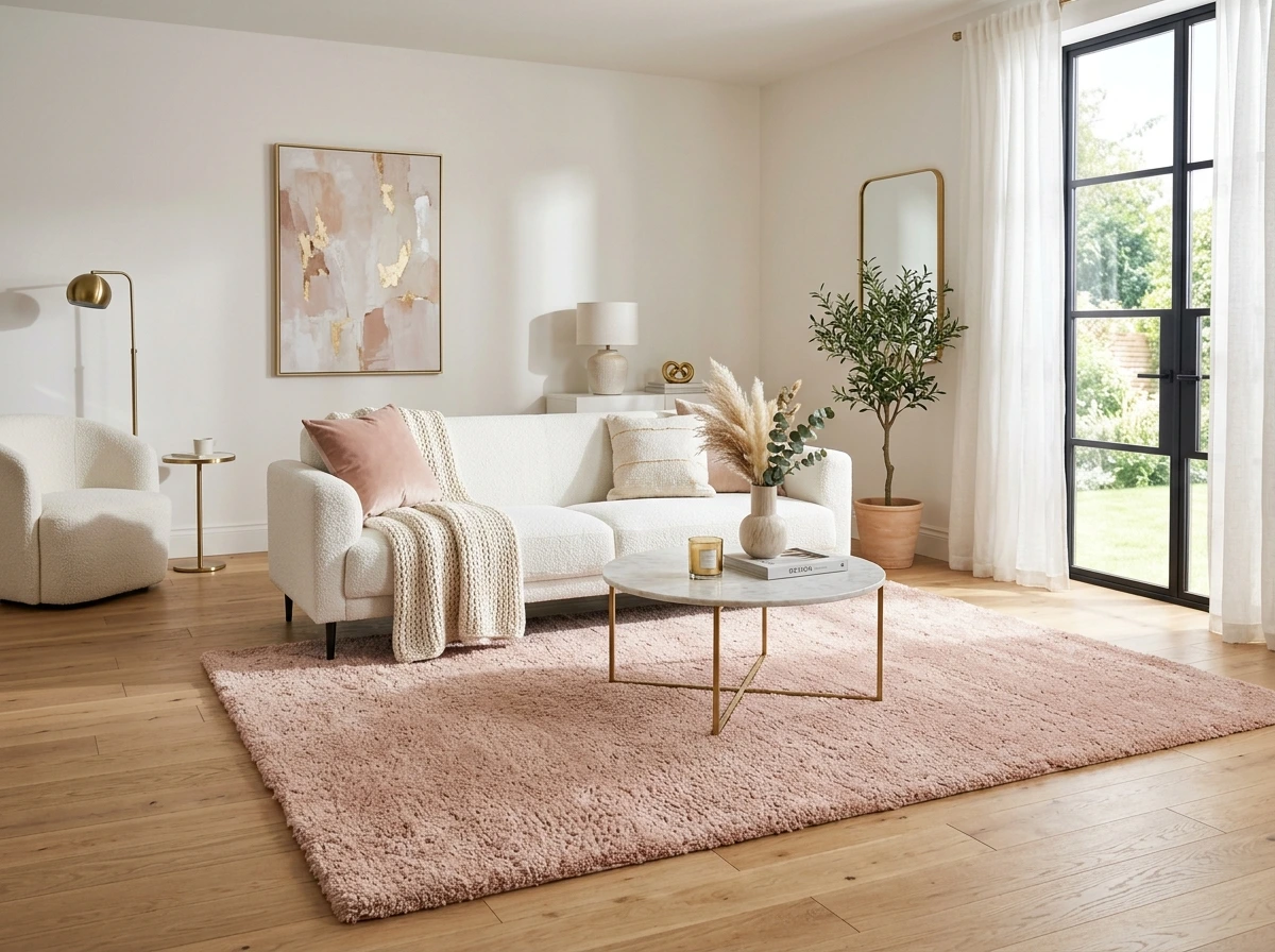 Pink Passion Rugs in a modern minimalist living room with blush pink cozy aesthetic decor