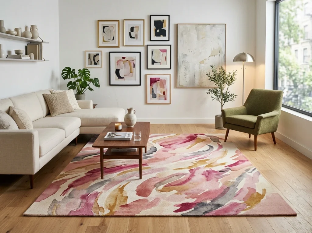 Modern living room with artistic watercolor style rug and contemporary decor