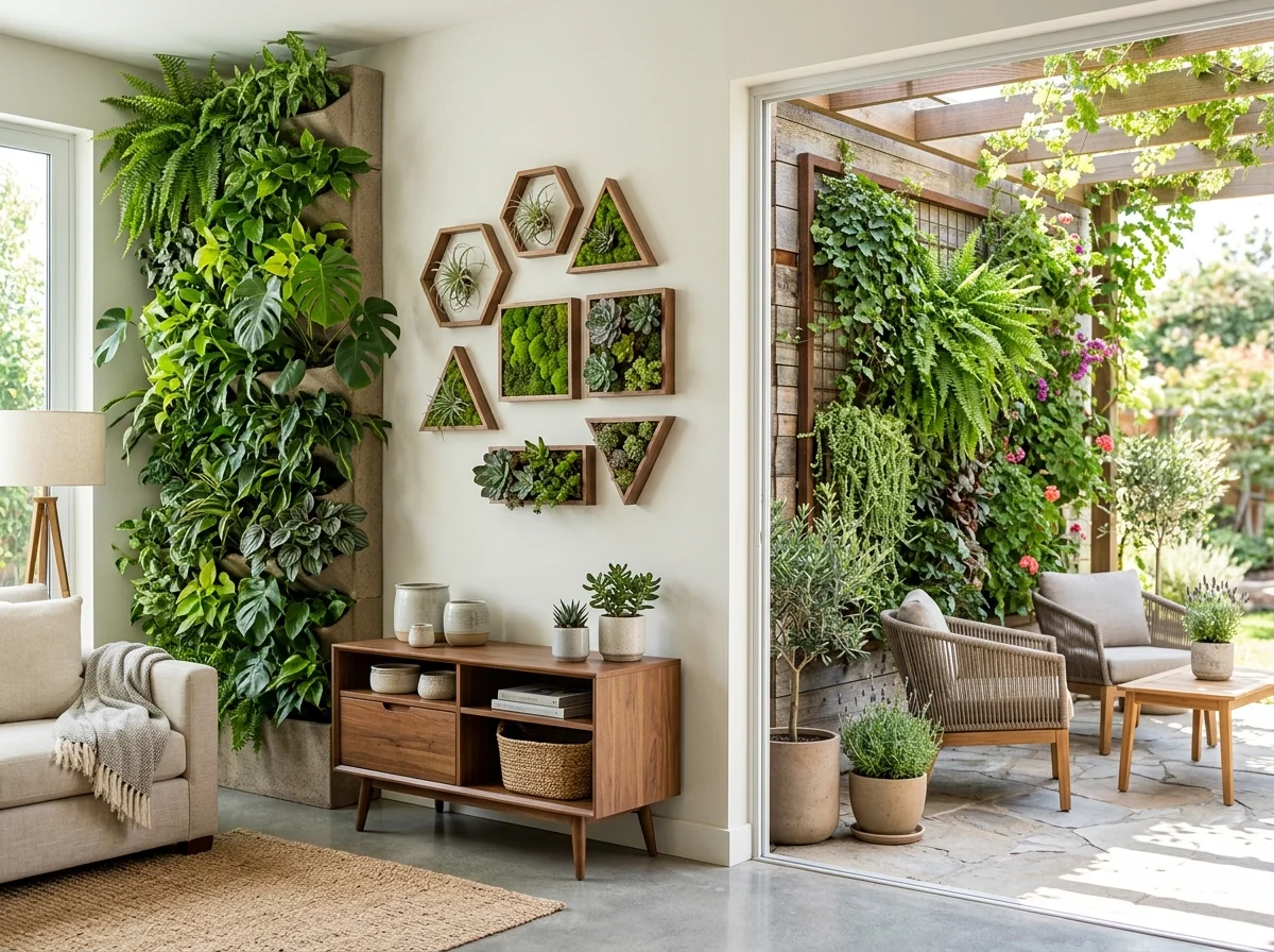 Indoor and outdoor plant wall art ideas for home decor with lush green walls and modern design