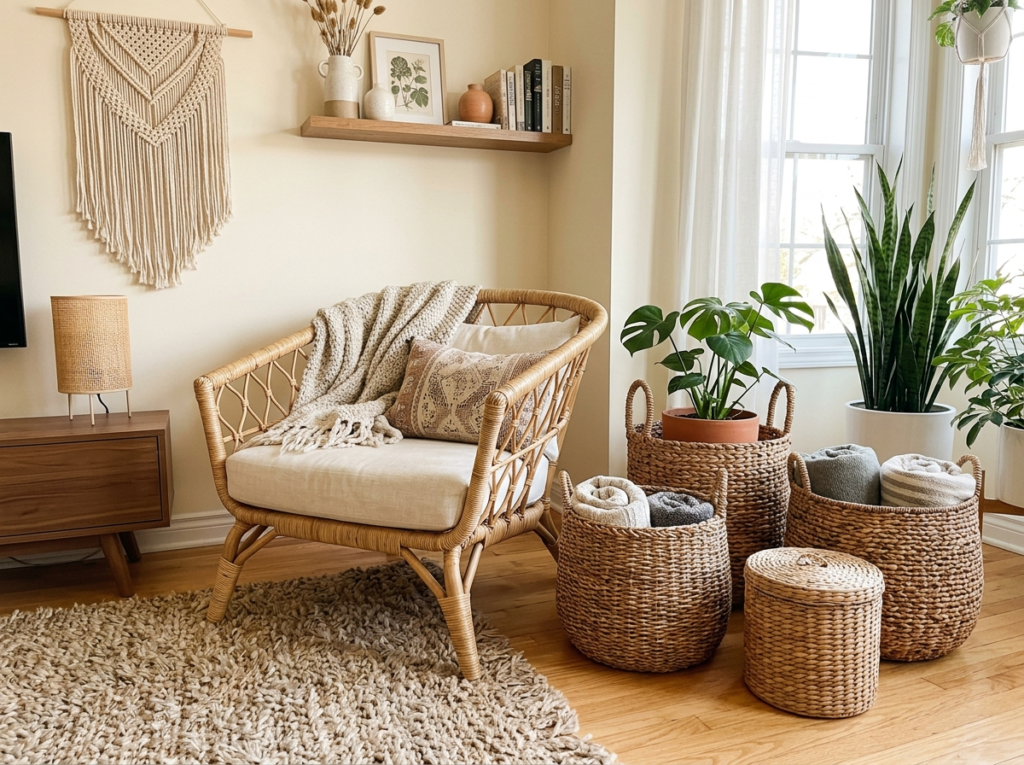 rattan accent chair and wicker baskets in a warm modern boho living room