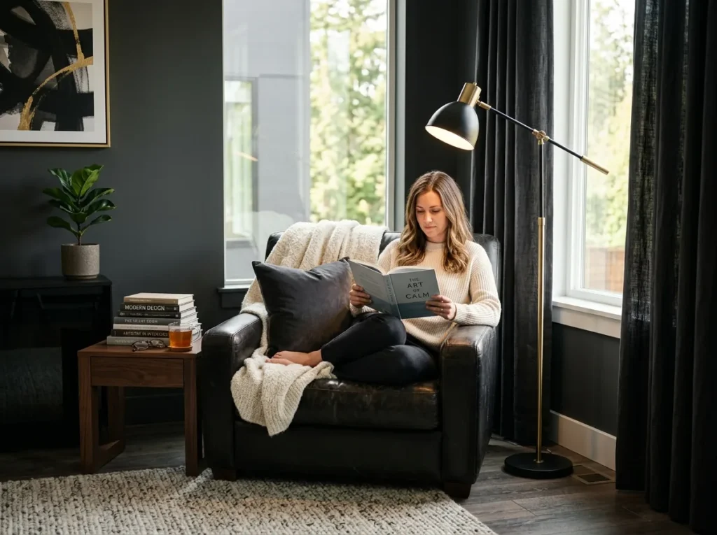 Modern gray and black plant decor setup in a cozy apartment corner