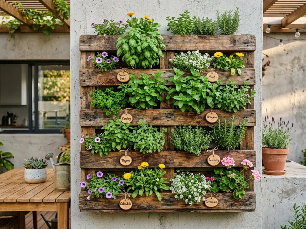 Recycled wood pallet vertical garden with herbs and flowers for indoor and outdoor plant wall art ideas in modern home decor