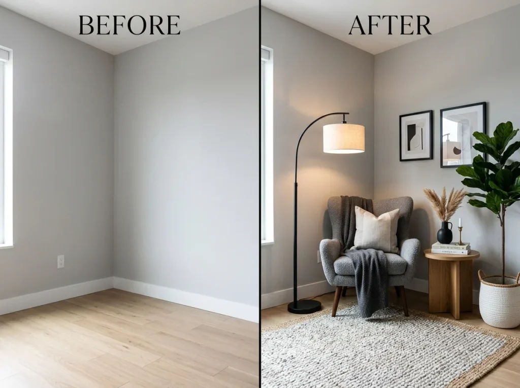 Before and after empty corner makeover with luxury modern decor styling