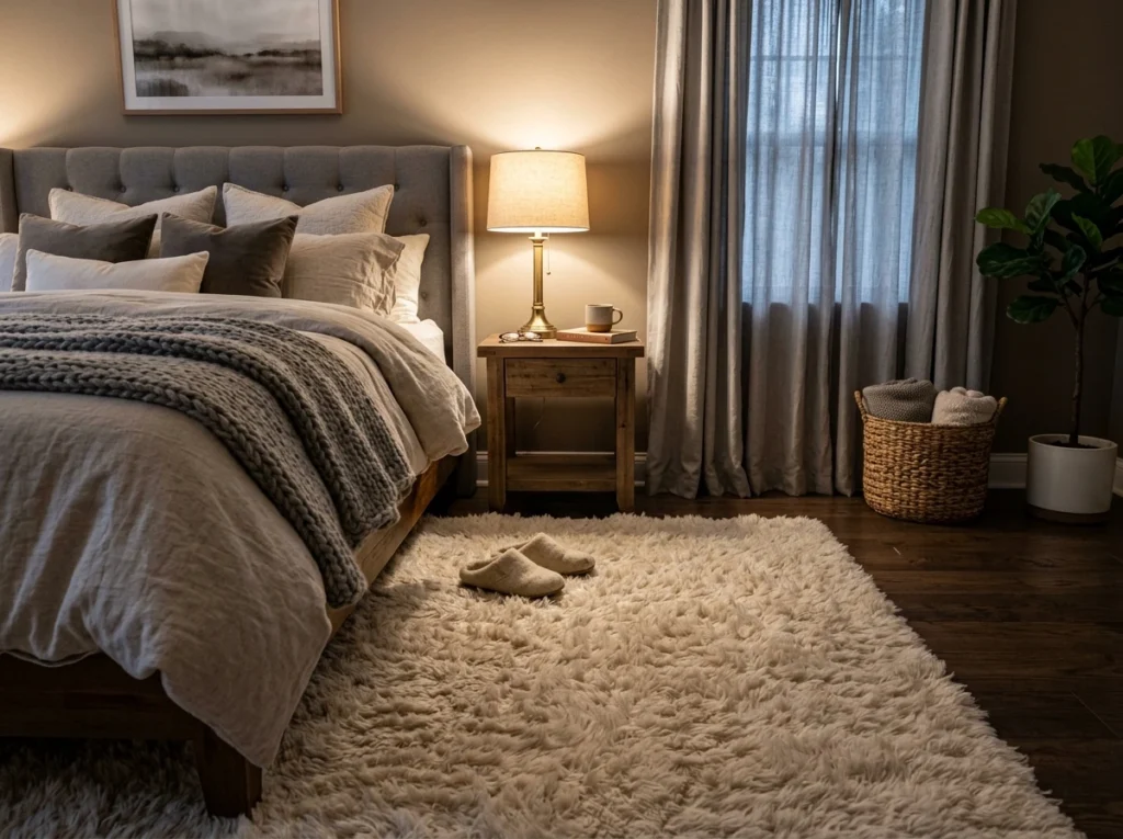 Cozy bedroom with soft fluffy rug and warm relaxing atmosphere