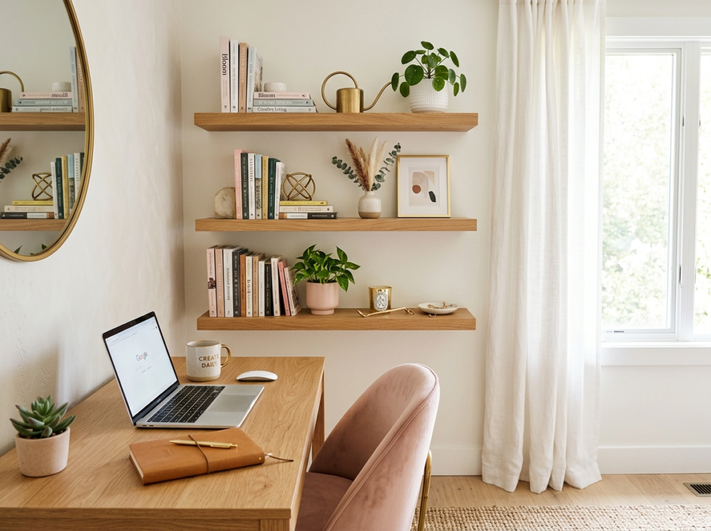 Decorative shelves in home office with books, plants, and elegant minimal decor