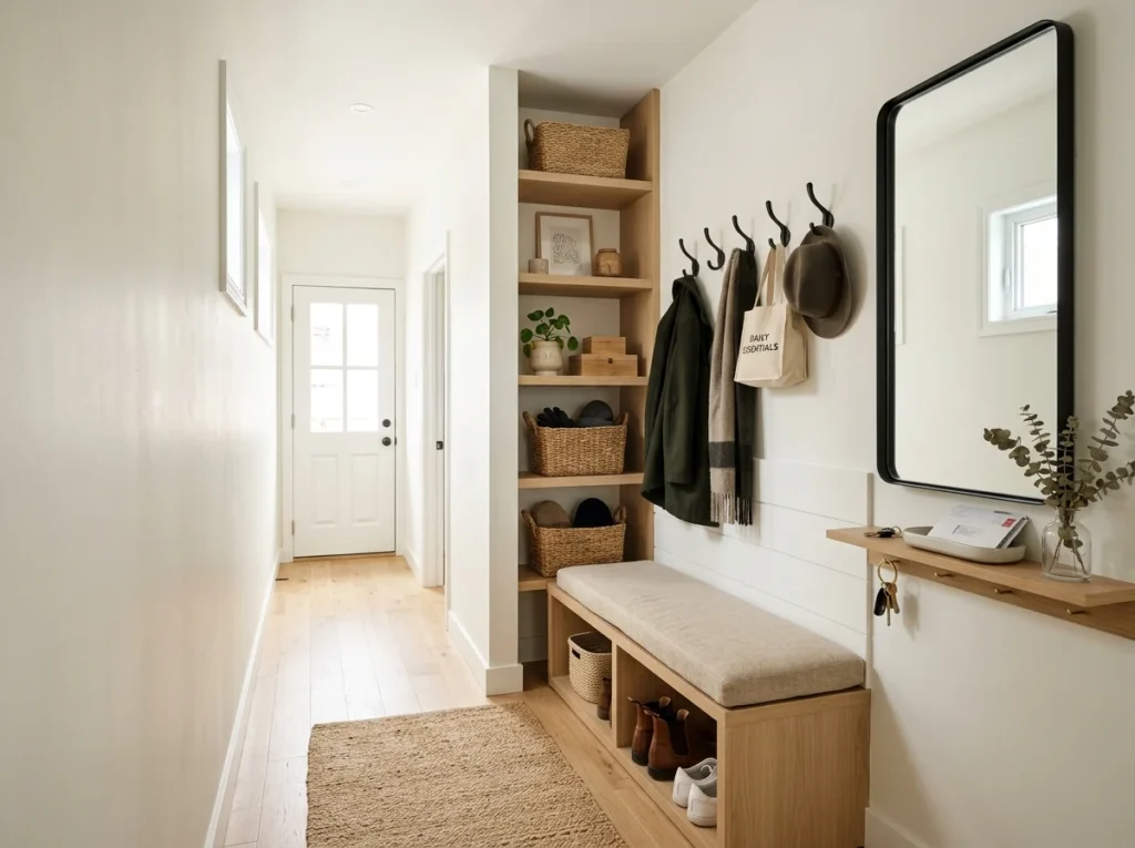 Compact mud room with wall storage, slim bench, and mirror creating a bright and organized small entry space.