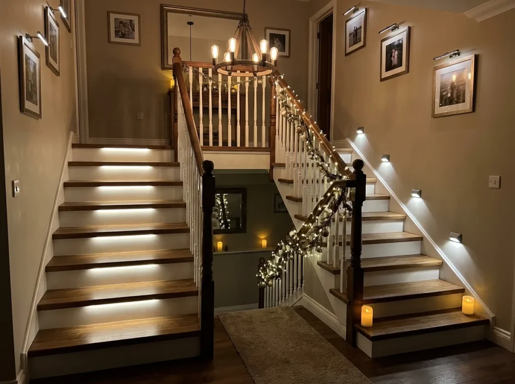 Contemporary staircase design with decorative wall panels and elegant lighting accents for a polished interior.