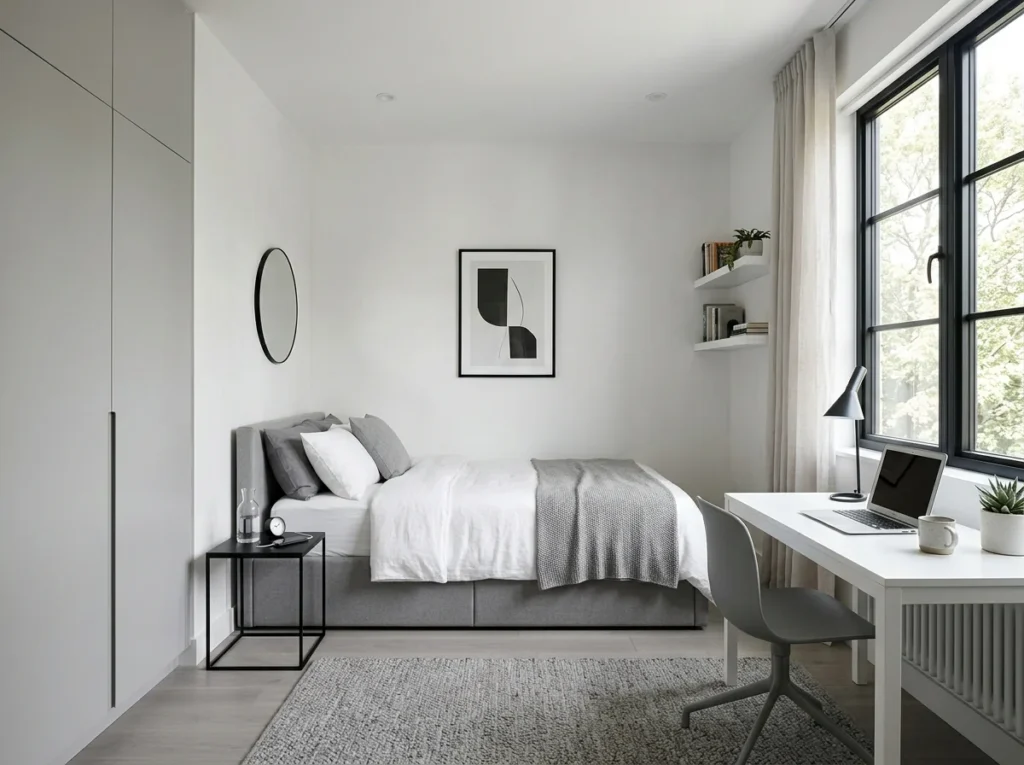 Clean minimalist teen bedroom with neutral colors and simple furniture.