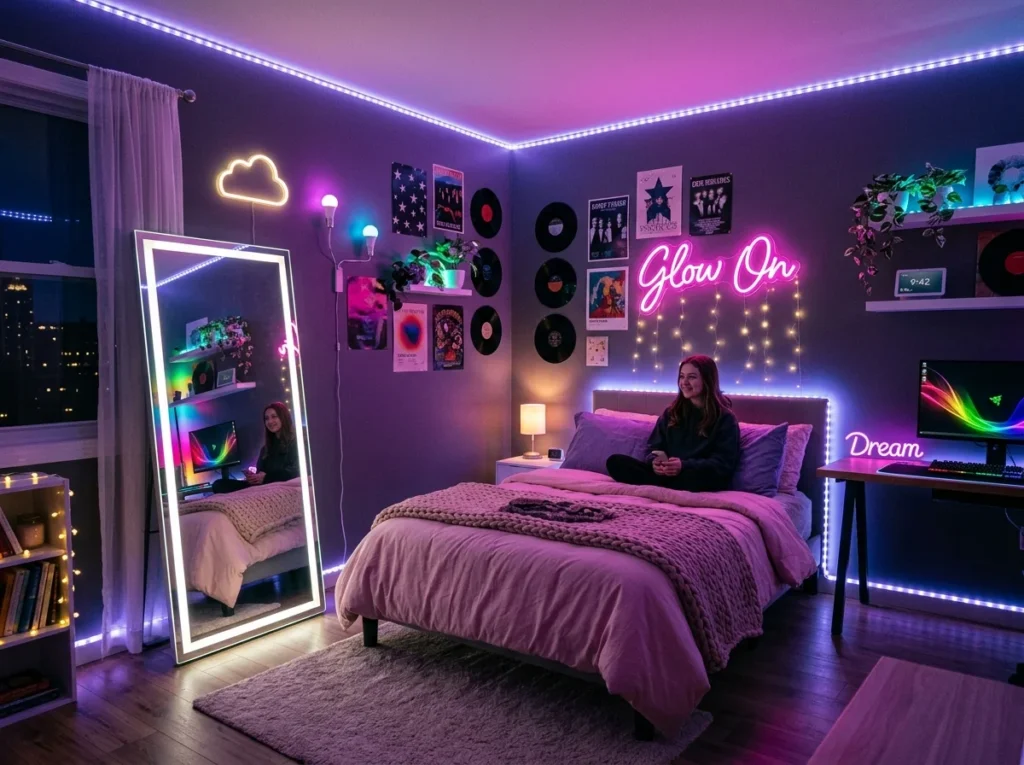 A bedroom with glowing lights and neon wall decor.