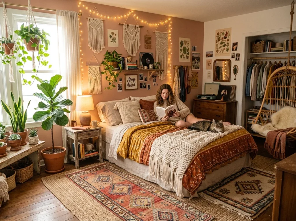 Boho teen bedroom with plants, layered rugs, macrame decor, and warm earthy tones.