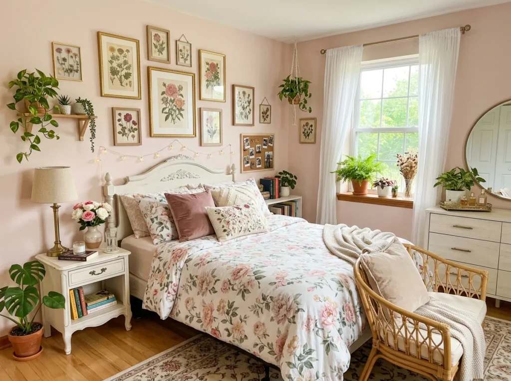 A bedroom with flowers, soft colors, and natural decor.
