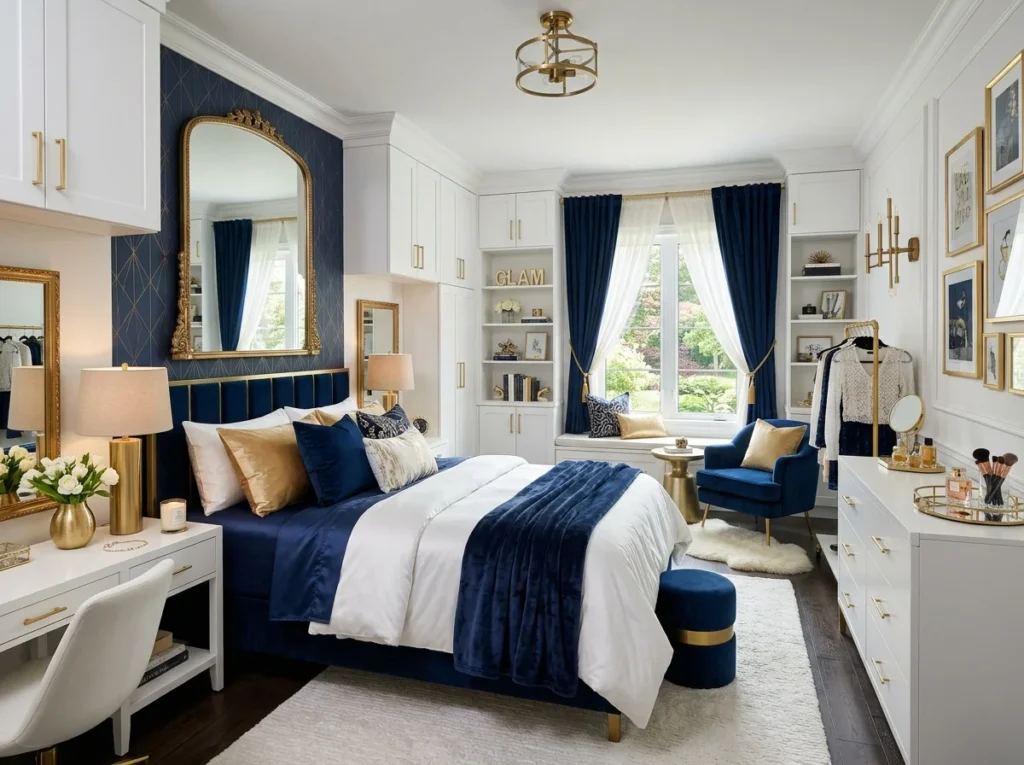 A stylish bedroom with elegant gold decor details