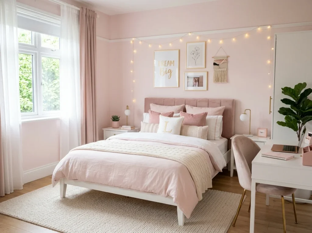 Soft pink teen bedroom with pastel decor, white furniture, and cozy aesthetic vibe.