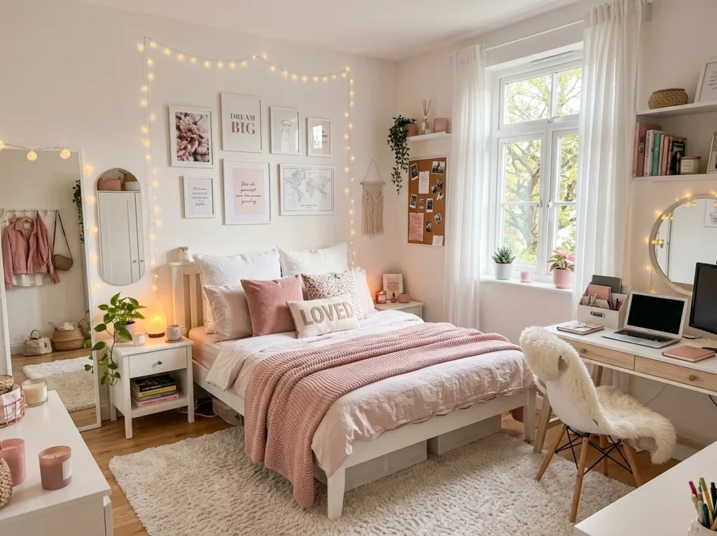 Cute modern teen girl bedroom with pink aesthetic decor.