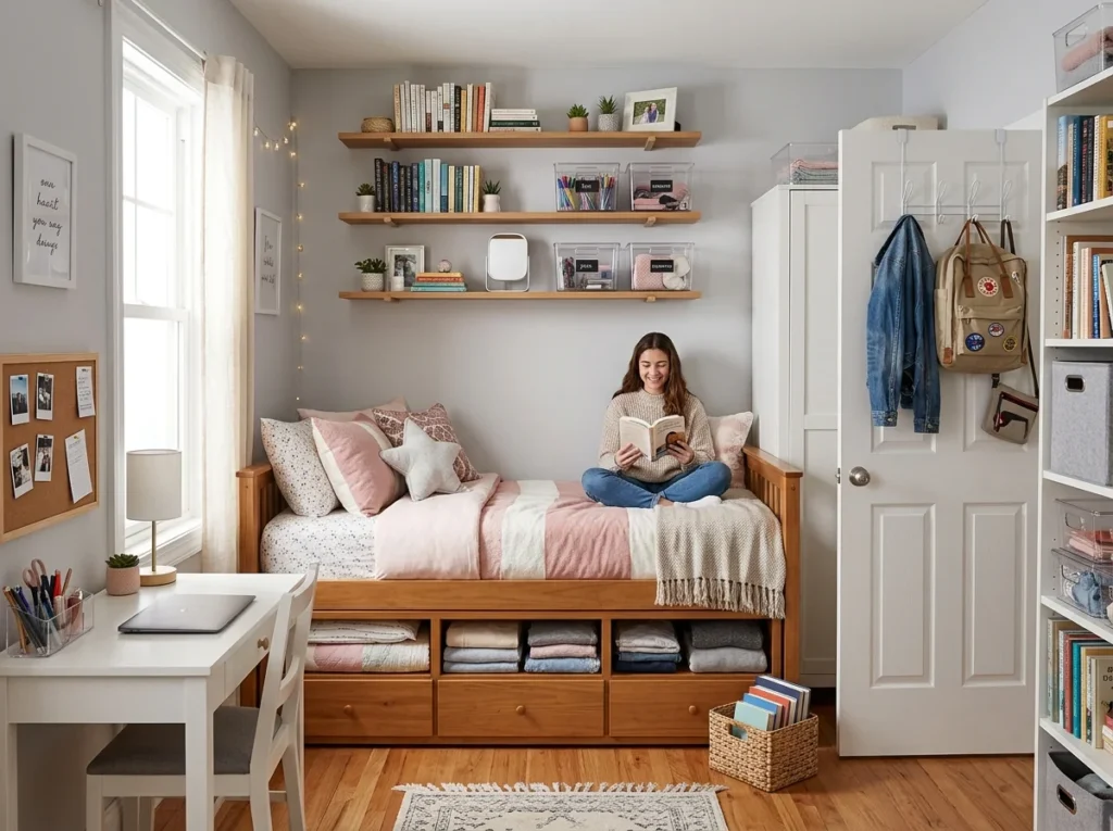 A small bedroom with organized storage and neat furniture.
