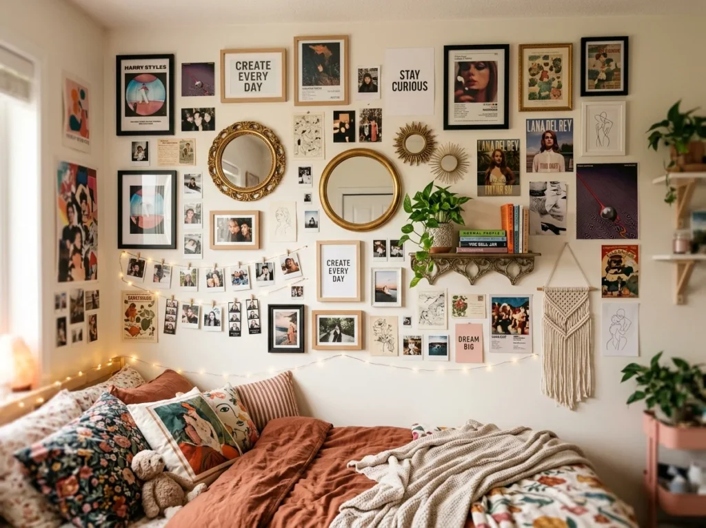 A bedroom wall decorated with photos and artwork.