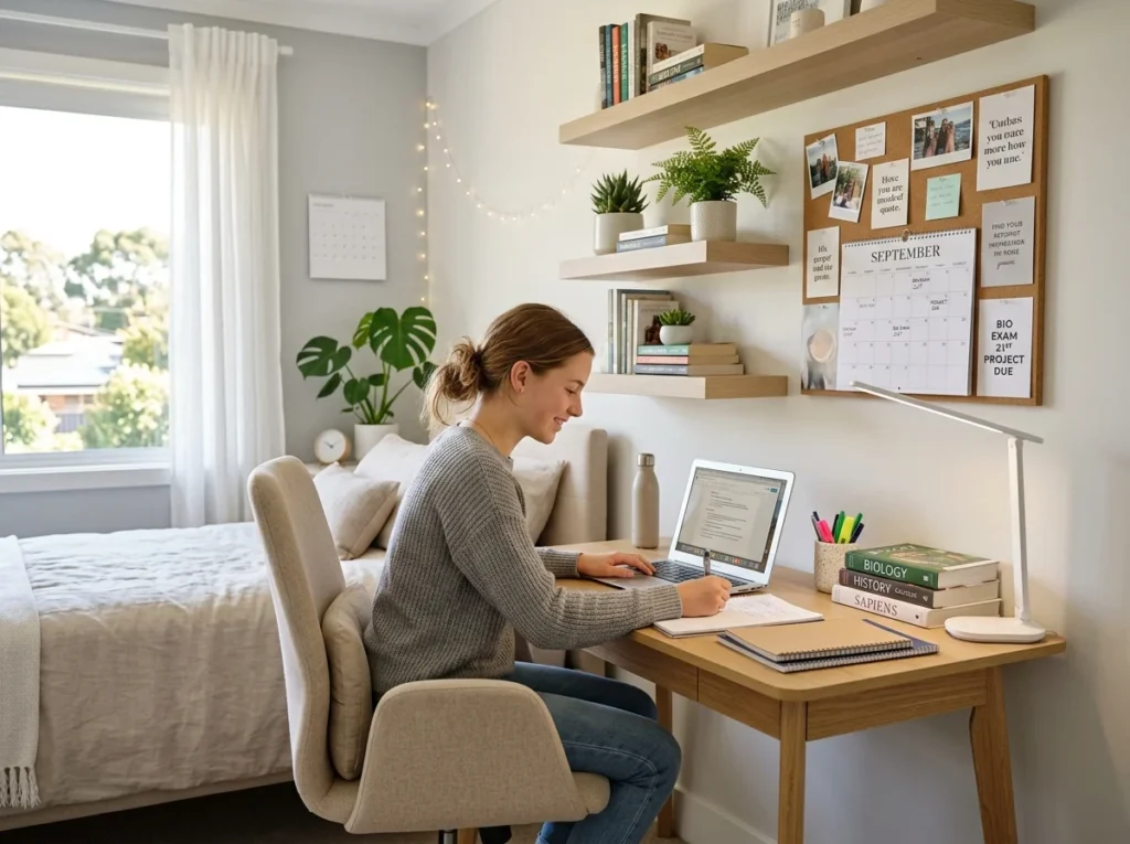 Teen bedroom study corner with desk, shelves, and bright natural lighting.