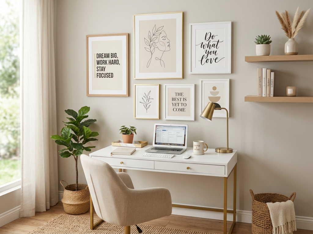 Wall art home office decor with framed prints and modern minimalist workspace