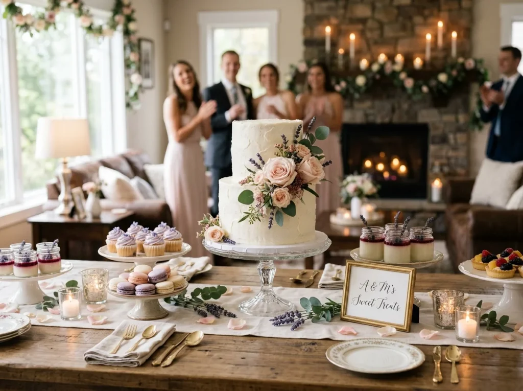 Elegant home wedding cake setup decorated with fresh flowers on a clean dessert table