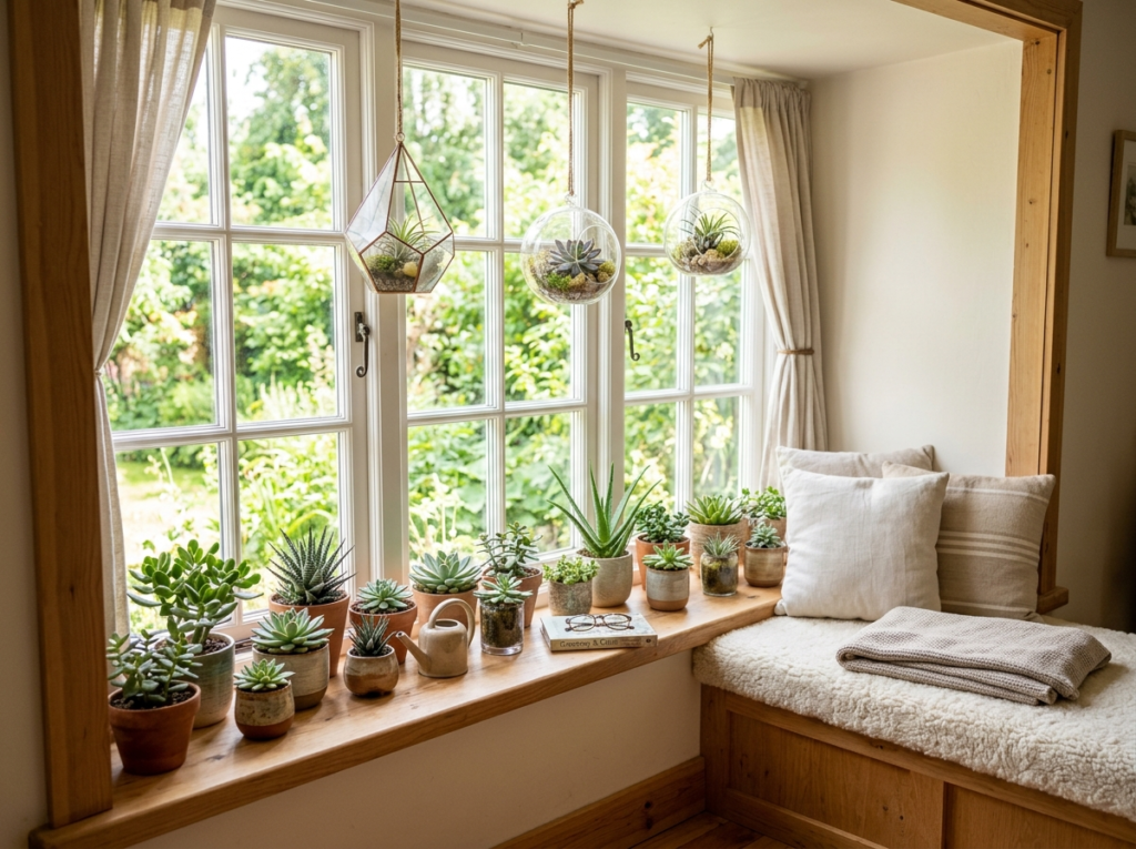 Cozy window nook with hanging glass terrariums and succulents on the windowsill, creating a fresh and natural window decor look.