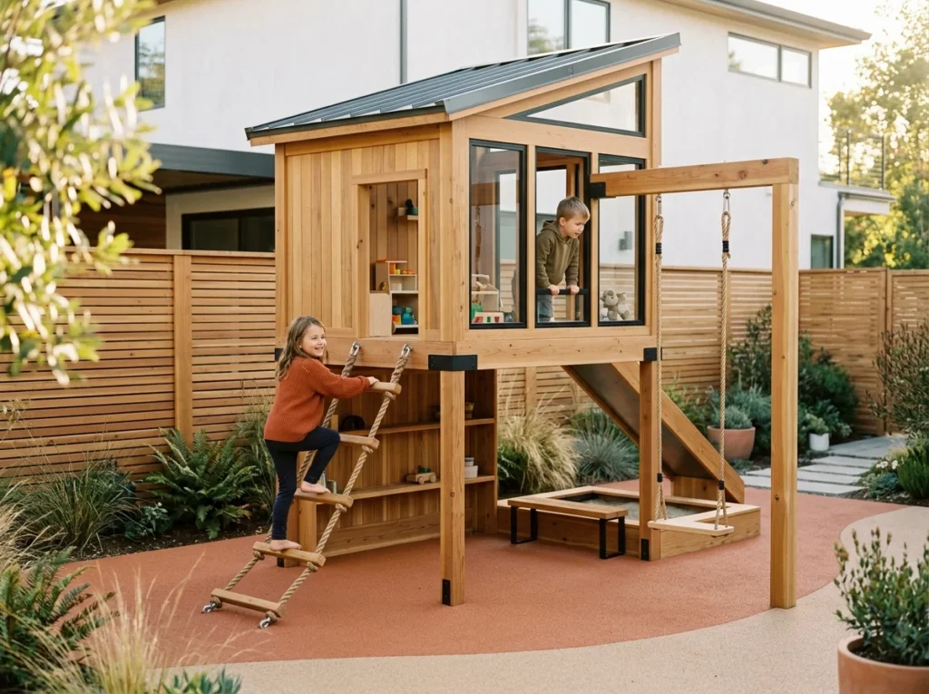 Modern backyard play area design with wooden playhouse and swings