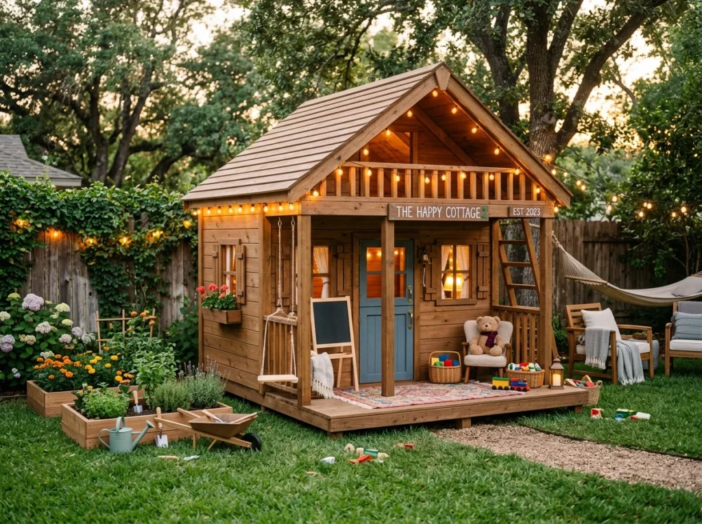 Cute backyard playhouse for kids with wooden design and cozy outdoor setup