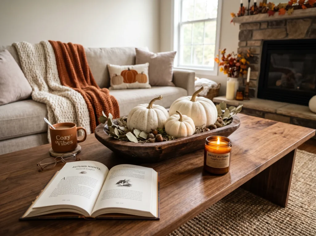 simple coffee table fall styling with white pumpkins and a candle