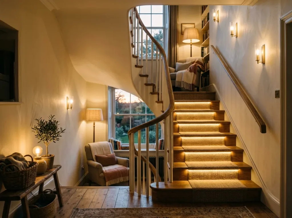 Luxury staircase styling with statement artwork, decorative railing, and sophisticated interior decor details.