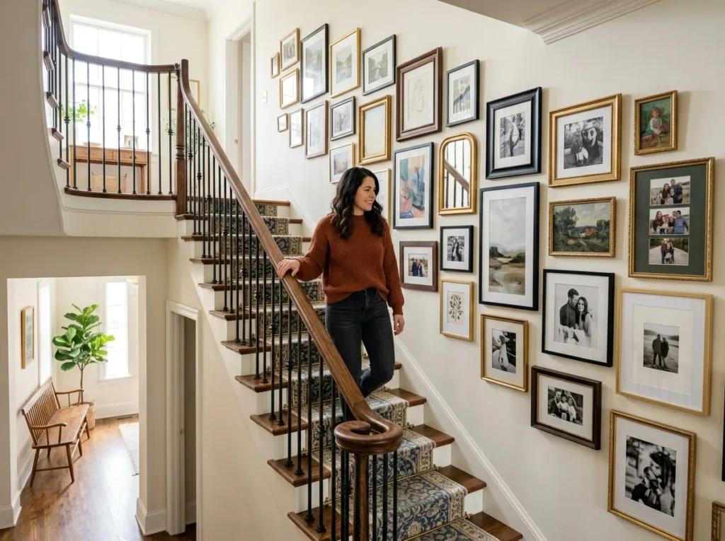 Modern staircase decoration featuring minimalist wall accents and sleek lighting for an elegant home design.