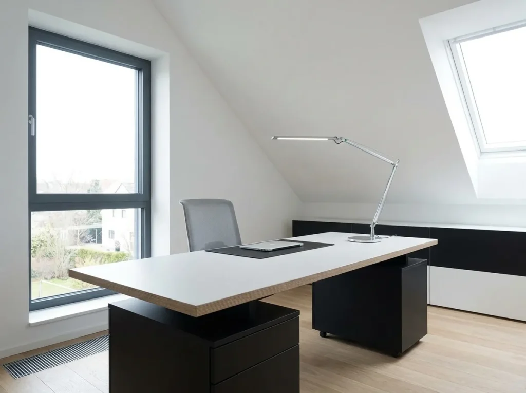 Bright home office with natural sunlight and large window illuminating wooden desk area