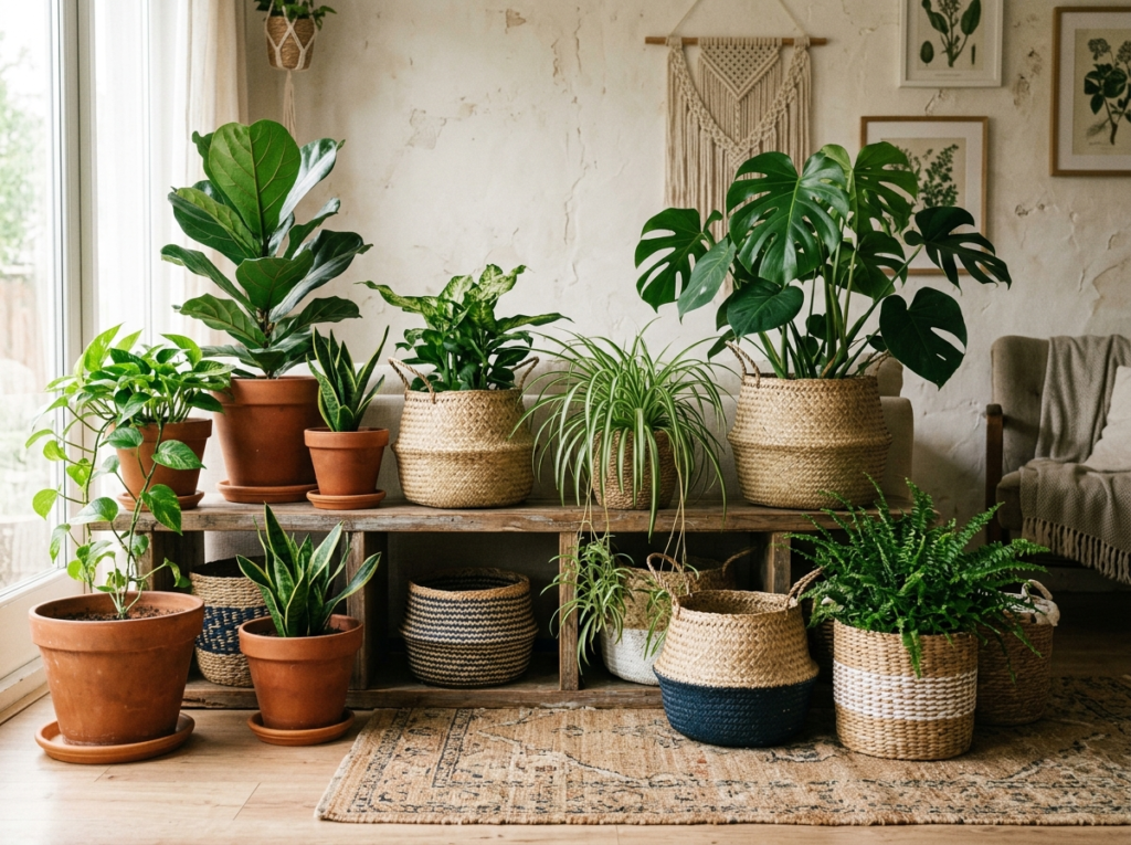 indoor plants in terracotta pots and woven baskets as part of a boho home decor setup