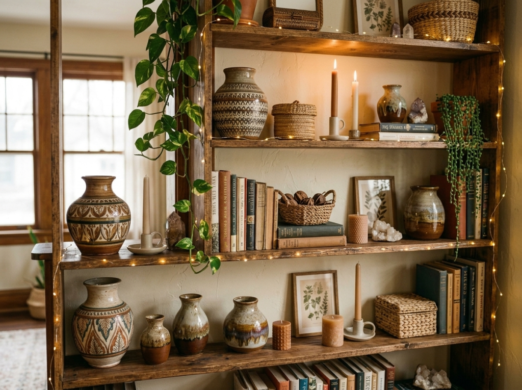 open wooden shelves with ceramic vases, candles, books, and woven baskets in a boho style