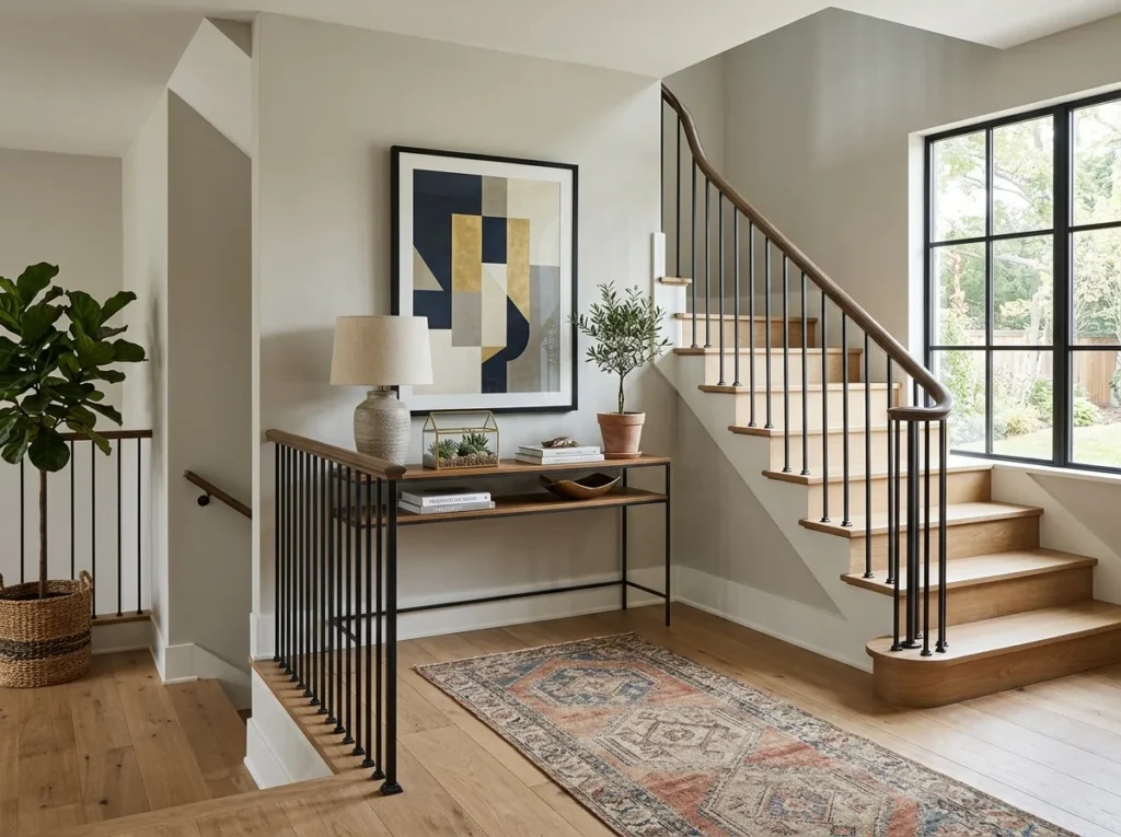 Stylish wooden staircase decoration with luxury wall art and cozy ambient lighting for a modern home.