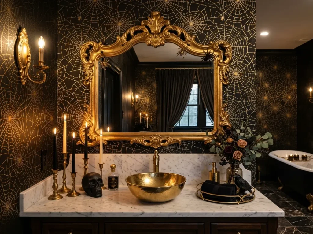 Spider web wallpaper in a stylish bathroom