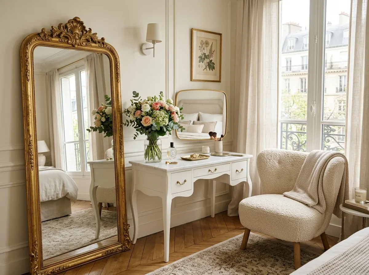 Large dressing mirror in a stylish bedroom corner