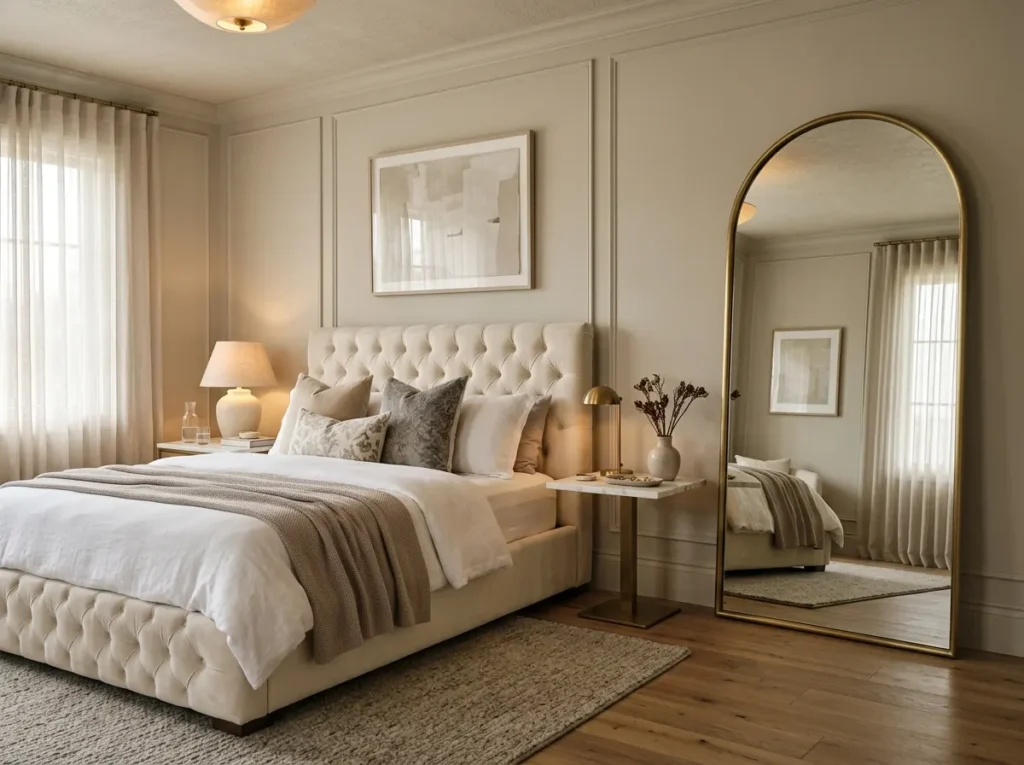 Big arched mirror decorating a luxury bedroom corner