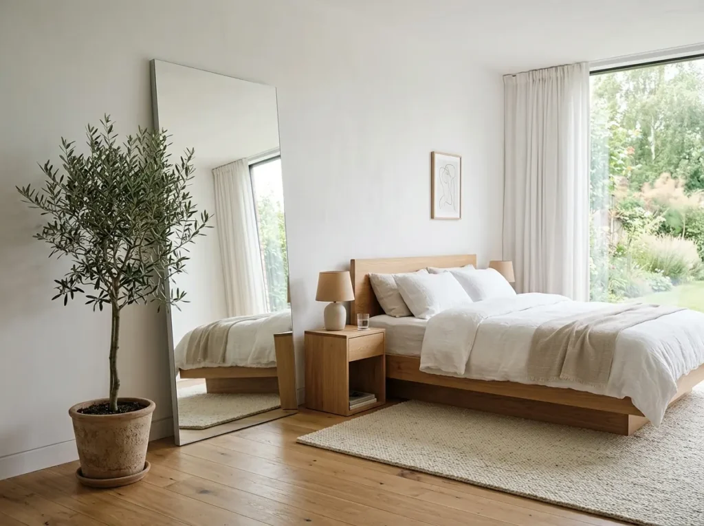 Big mirror in bedroom beside a modern minimalist bed